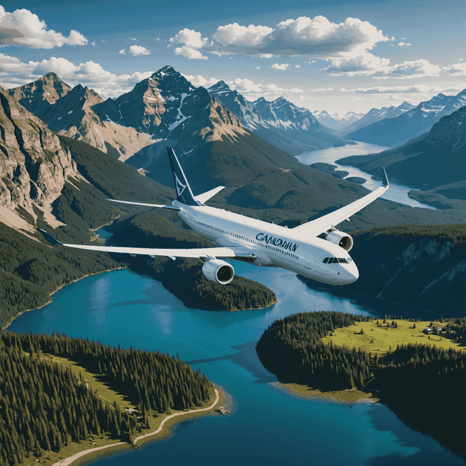 A commercial airplane flying over Canadian landscapes, showcasing mountains, lakes, and forests. The image represents the flight booking service offered by the travel agency.