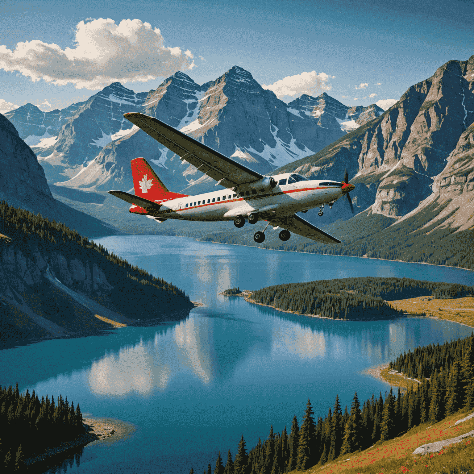 Airplane flying over a beautiful Canadian landscape with mountains and lakes