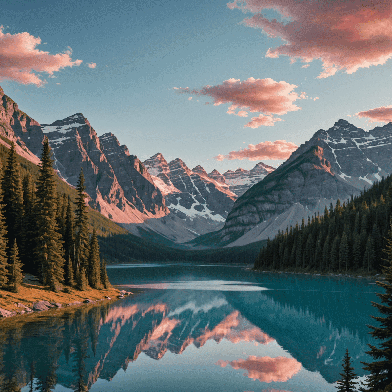 Panoramic view of Canadian mountains, forests, and lakes with a gradient sky from light blue to warm pink