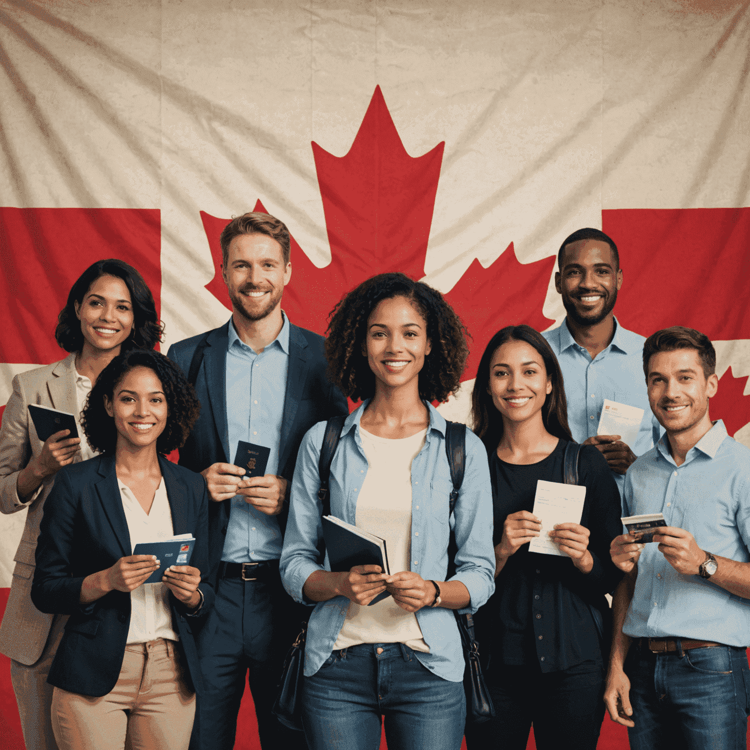 A diverse group of people standing in front of a large Canadian flag, holding various passports and visa documents. The image conveys a sense of international travel and the process of obtaining visas.