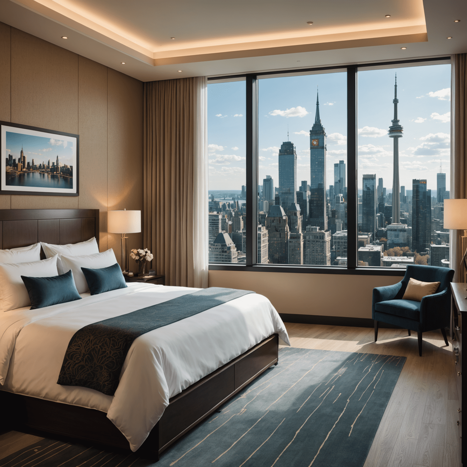 Luxurious hotel room with a panoramic view of a Canadian cityscape
