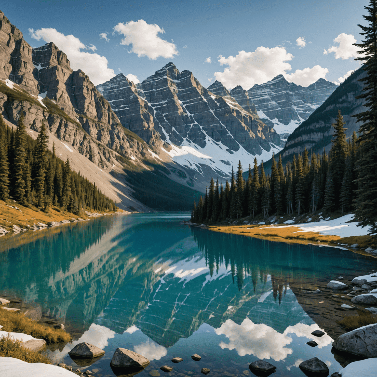 Majestic view of the Canadian Rocky Mountains with snow-capped peaks and pristine lakes