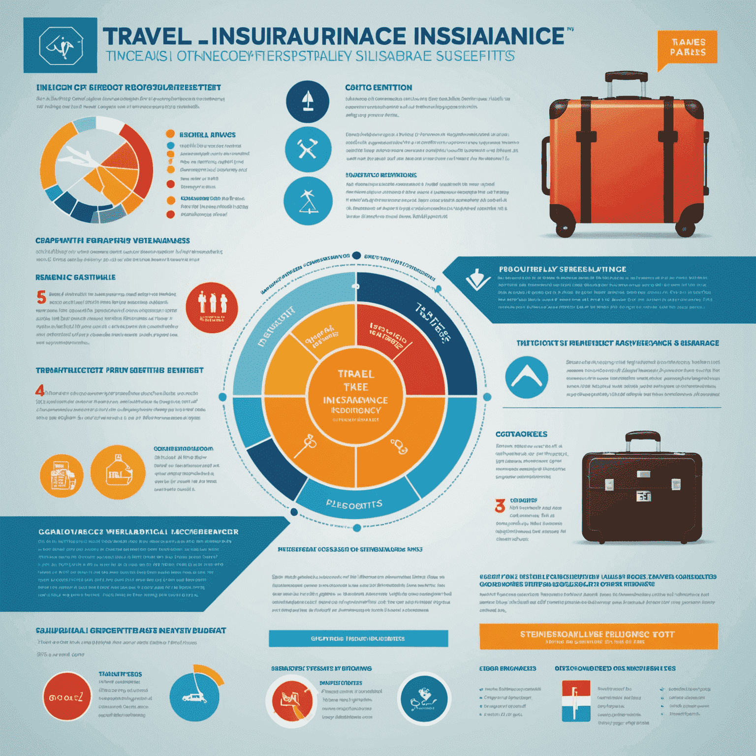 Infographic showing various travel insurance benefits including medical coverage, trip cancellation, and emergency assistance