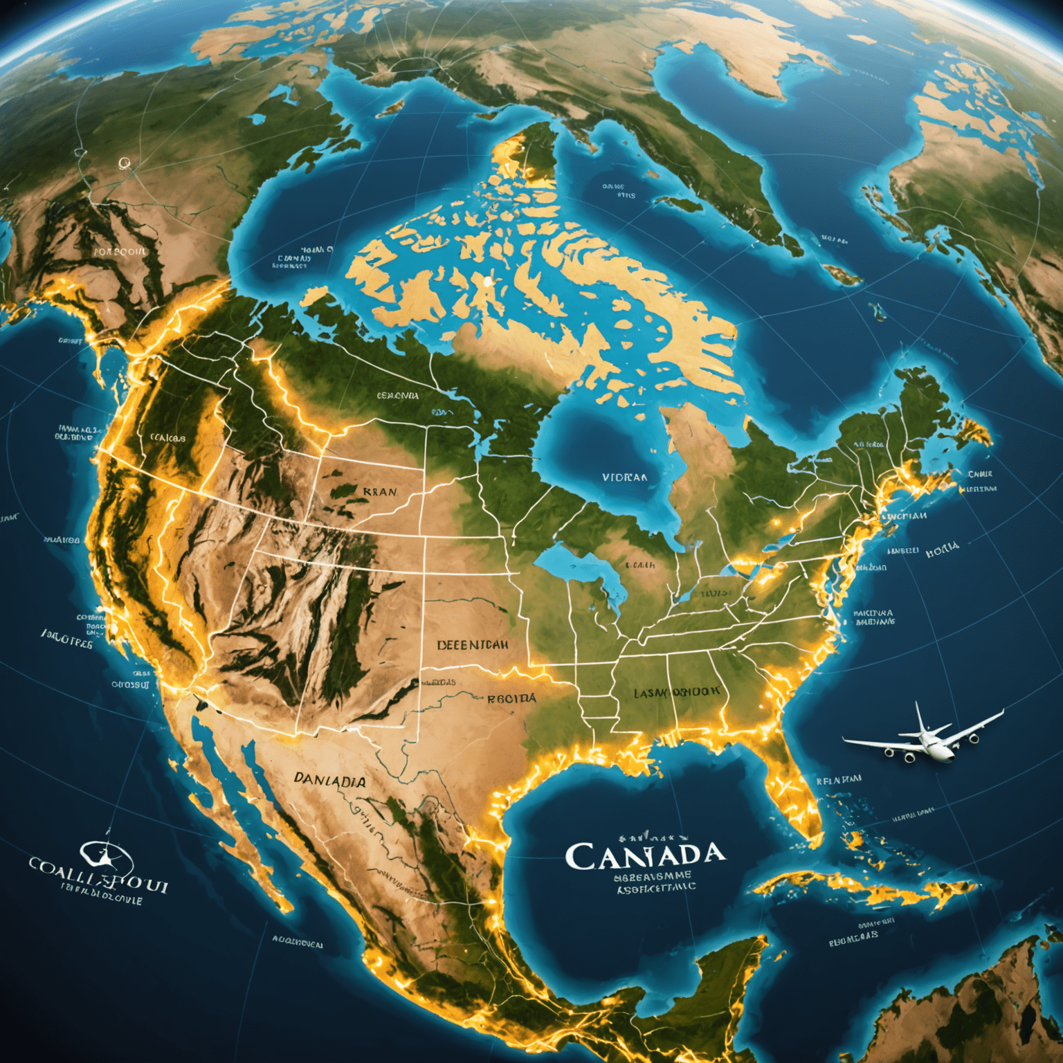 A world map with highlighted travel routes connecting Canada to various international destinations, symbolizing the global reach of our visa assistance services.