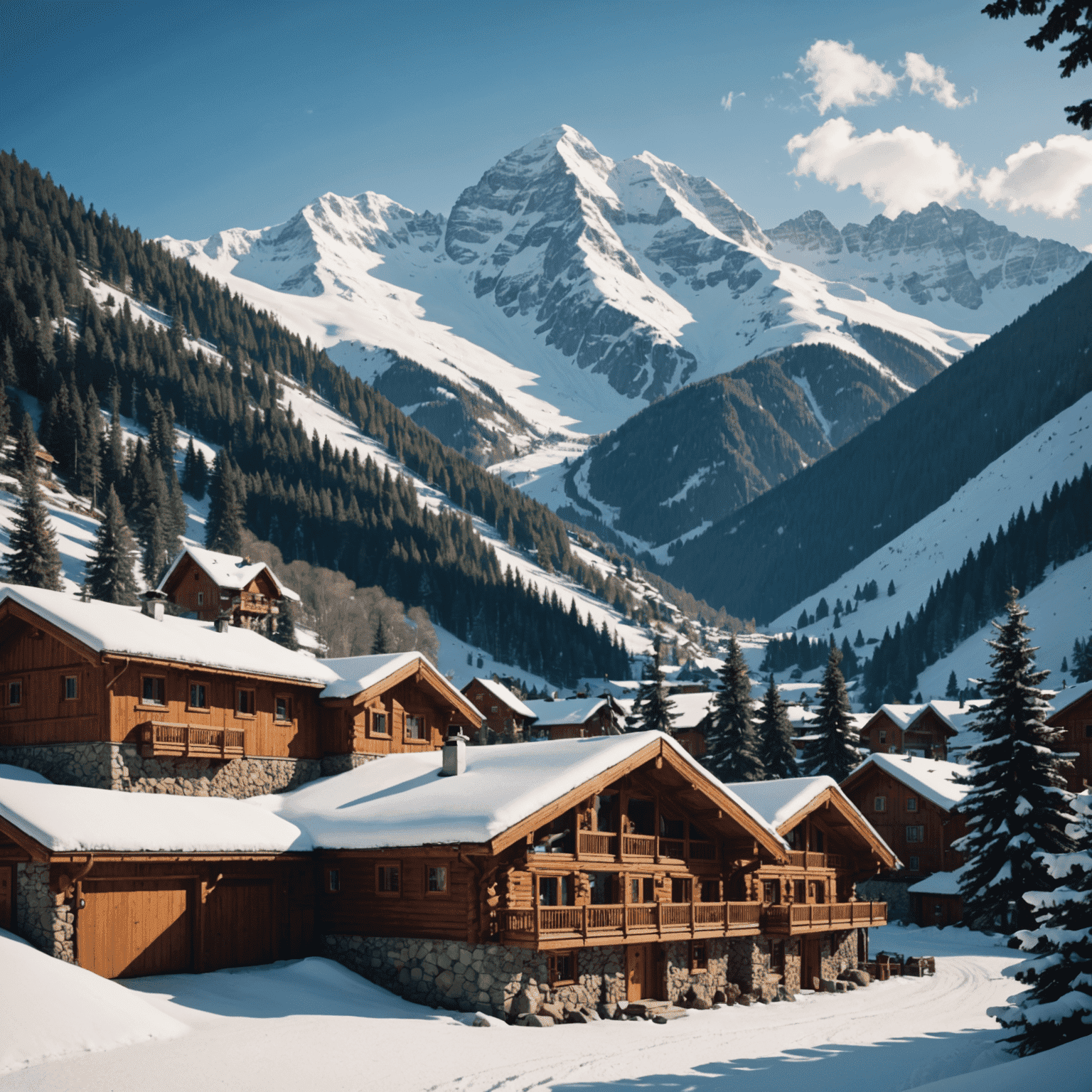 Cozy mountain resort with snow-capped peaks in the background