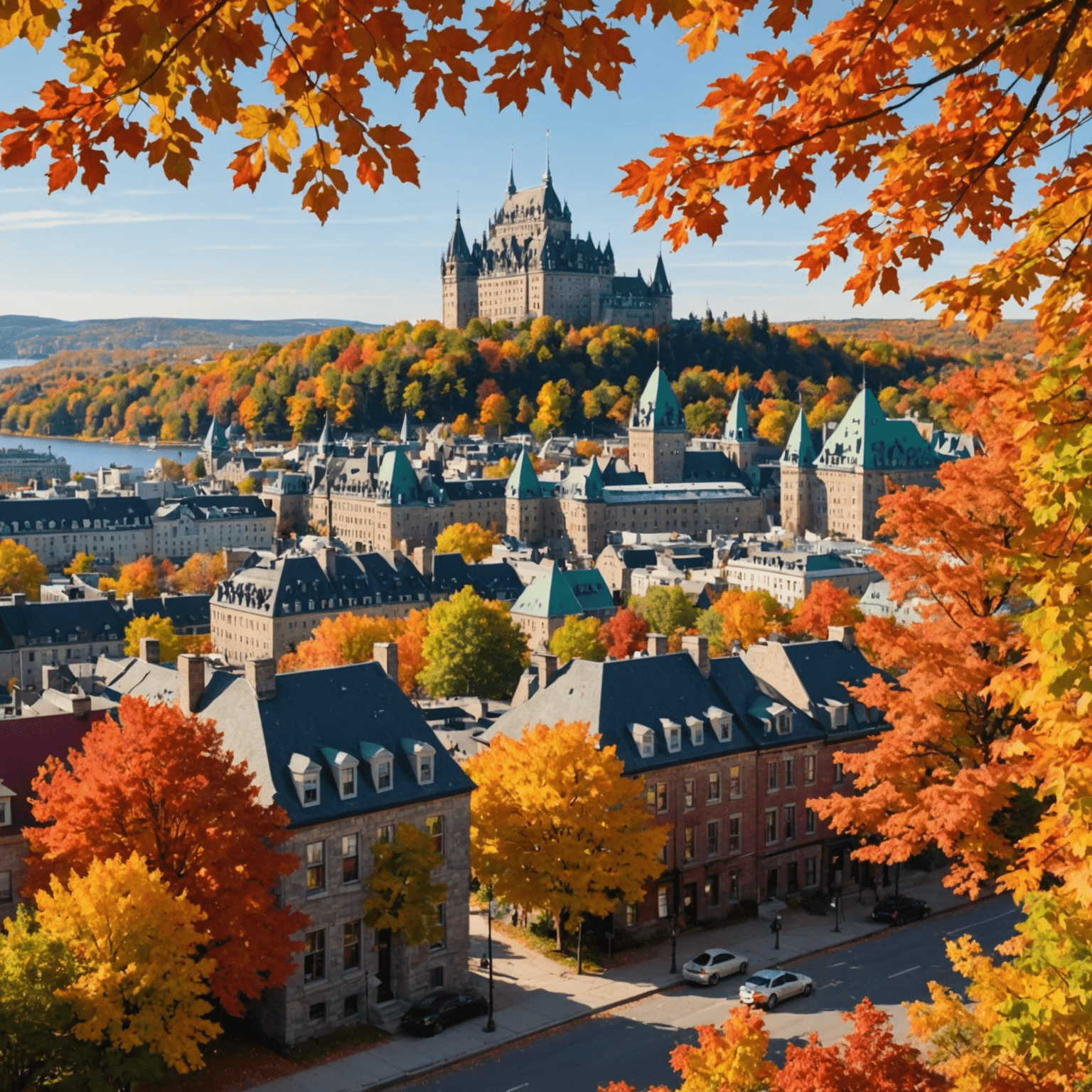 Colorful autumn foliage in Quebec with historic architecture in the background