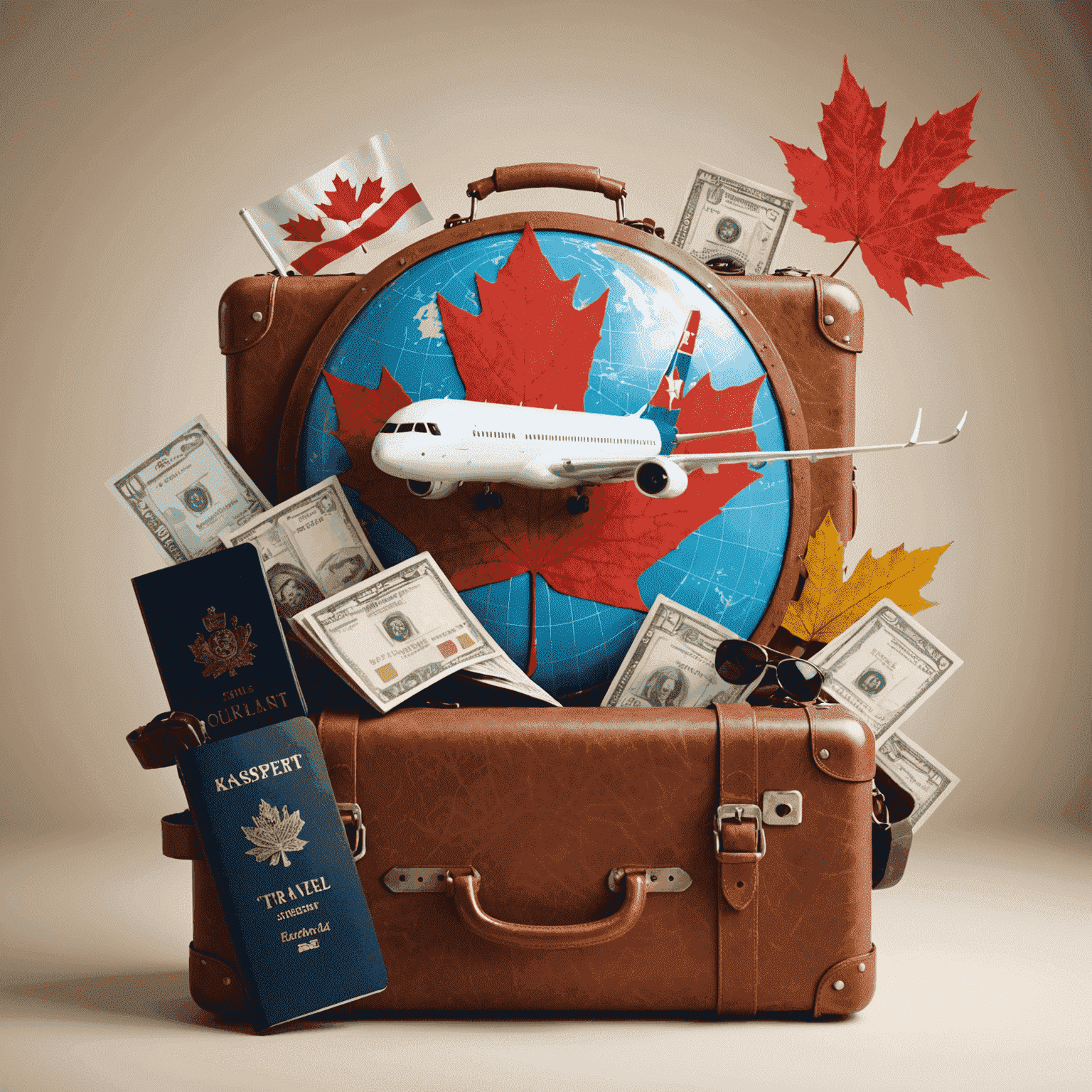 A visual representation of travel insurance, showing a protective shield over various travel elements like luggage, passport, and a maple leaf symbolizing Canadian travel.