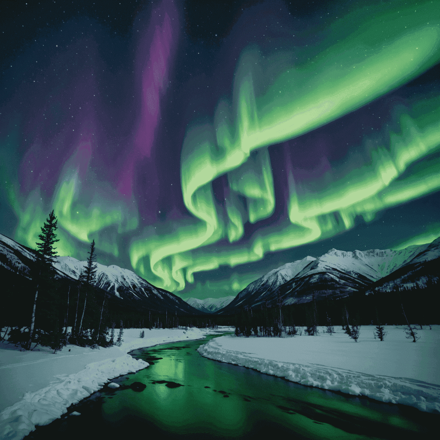 Spectacular display of the Northern Lights over a snowy landscape in the Yukon