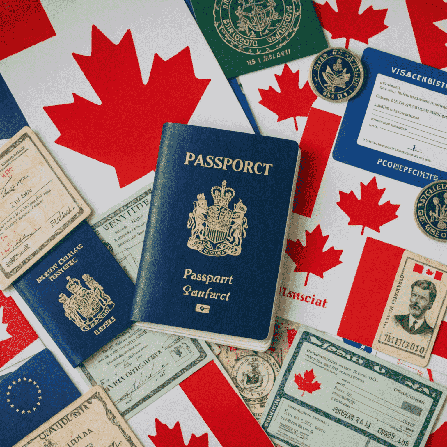 An image depicting various passports, visa stamps, and the Canadian flag, representing the visa assistance service offered by the agency.