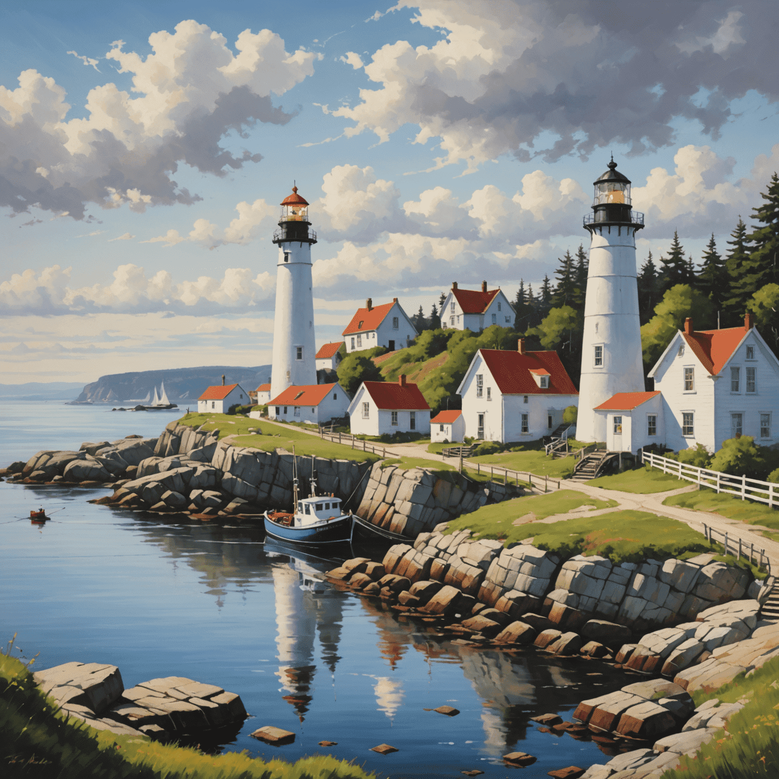 Picturesque coastal scene with lighthouses and fishing villages in the Maritime provinces