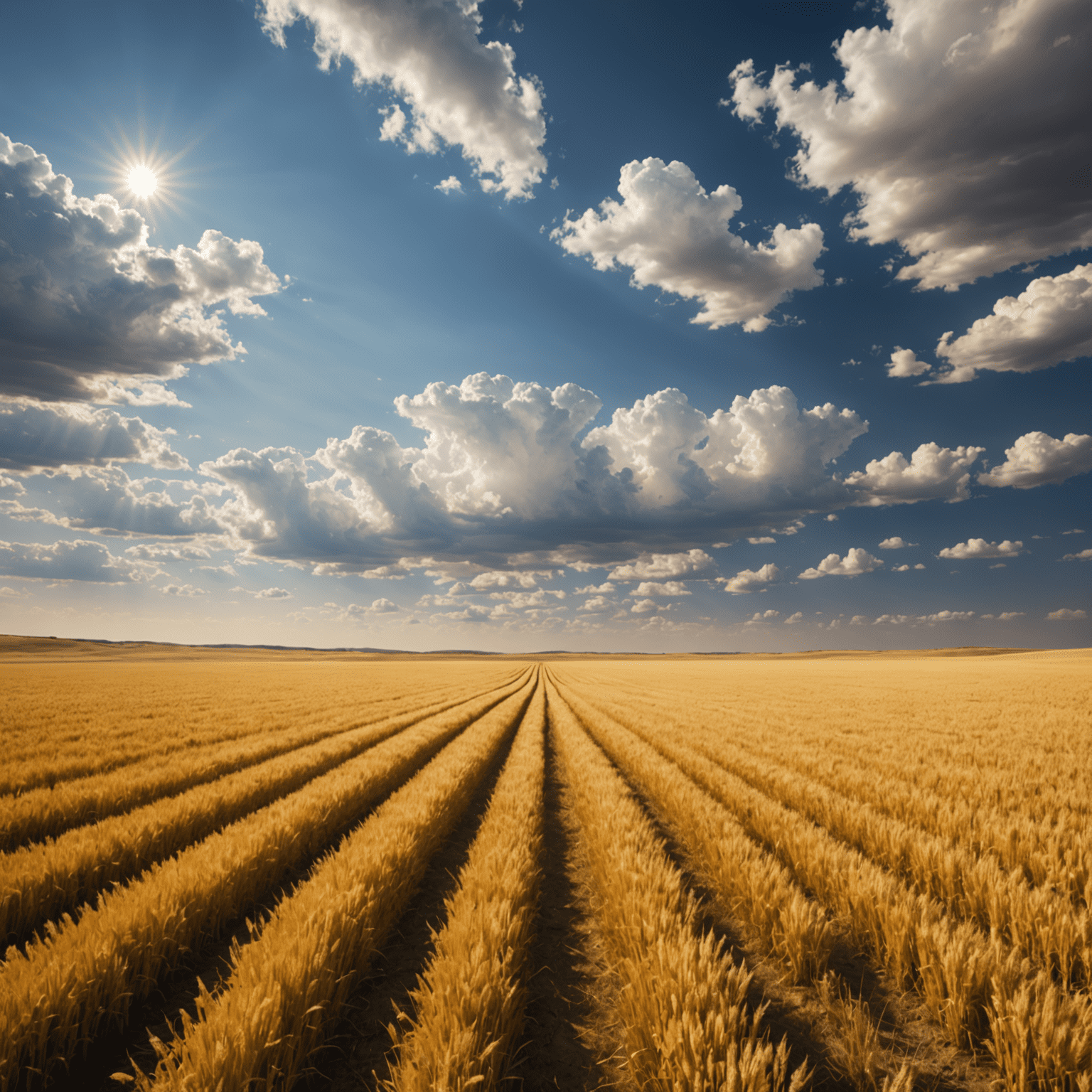 Vast golden prairie fields stretching to the horizon under a big sky