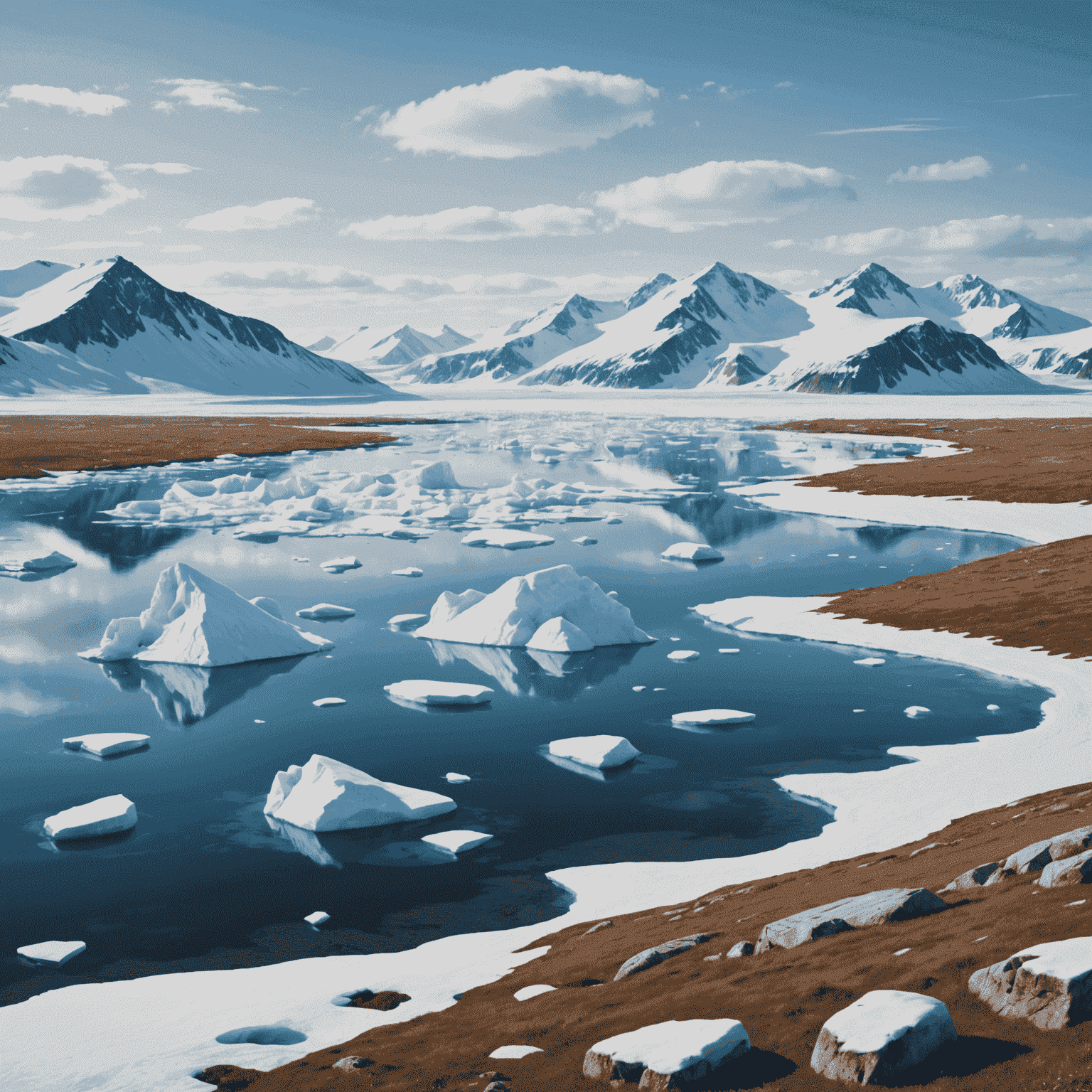 Pristine Arctic tundra landscape with wildlife and icebergs in the distance